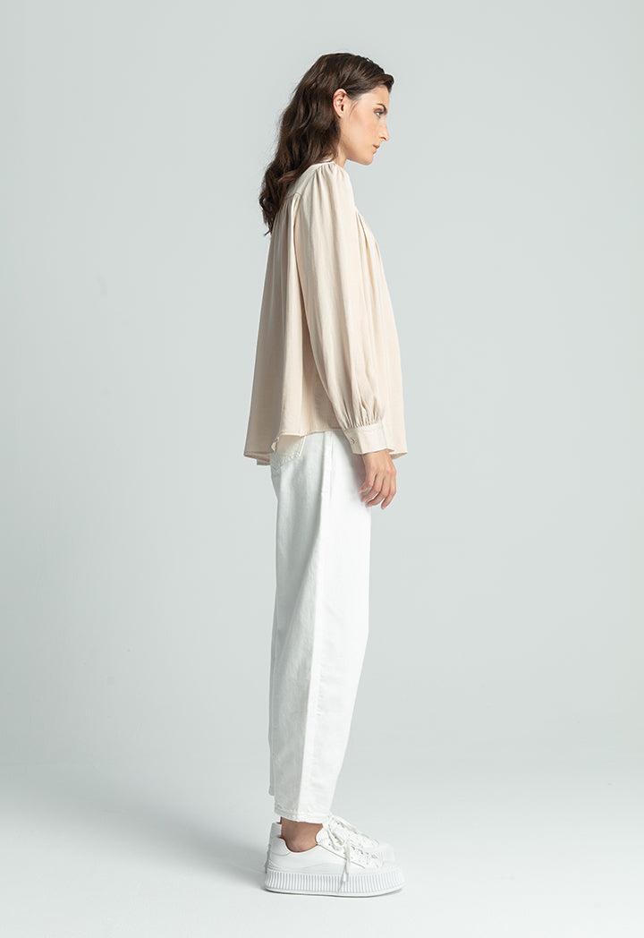 Gathered Yoke Puff Sleeve Solid Shirt