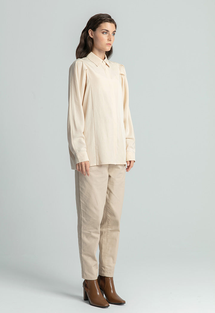 Pleated Balloon Sleeve Single Tone Shirt