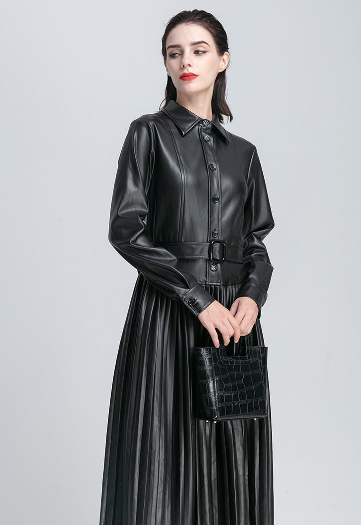 Accordion Pleated Faux Leather Dress