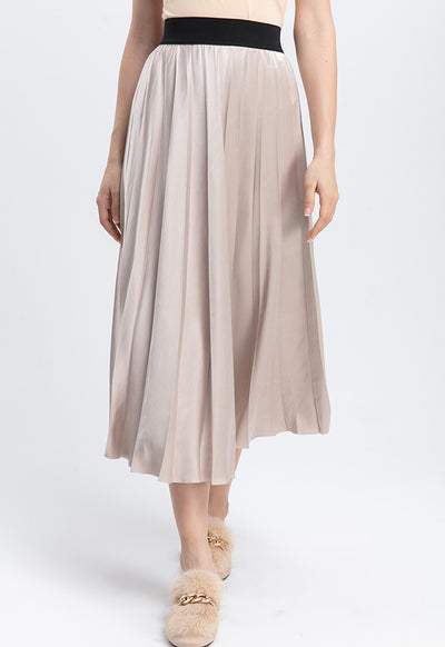 Contrast Color Exposed Waist Elastic Pleated Skirt