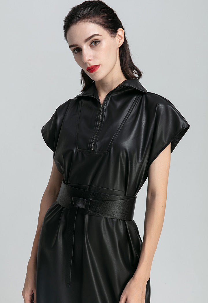 Front Yoke High Neck Faux Leather Dress