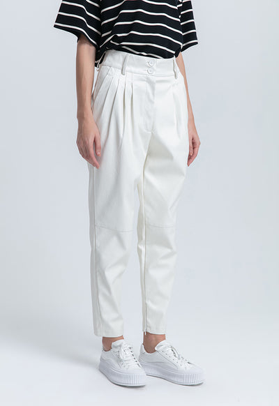 Pleated Faux Leather Solid Pegged Trouser