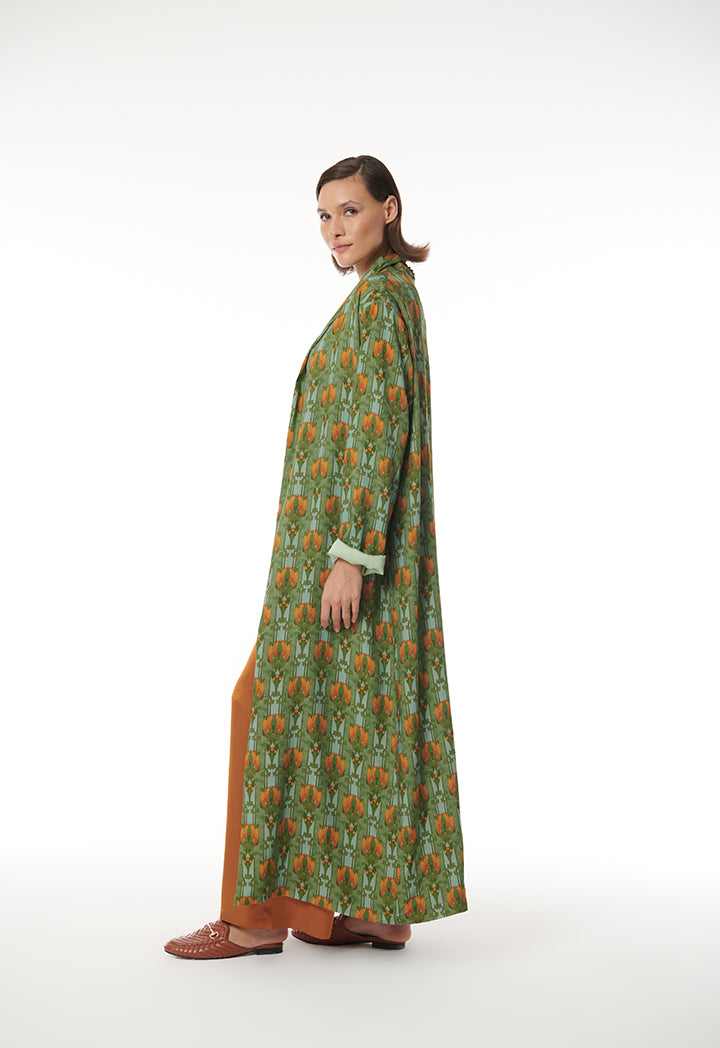 Flower and Leaf Printed Maxi Open Abaya