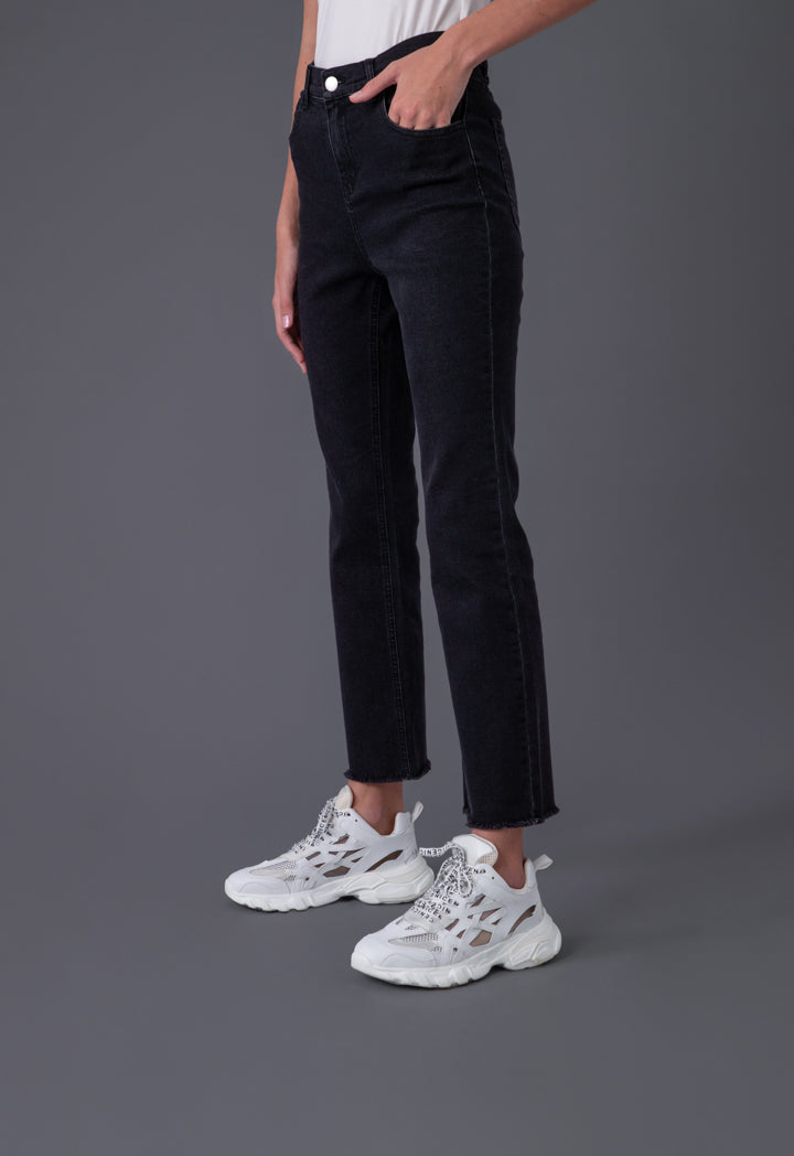Elasticated Back Waistband Frayed Hem Denim Pants