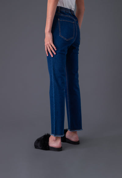 Elasticated Back Waistband Frayed Hem Denim Pants