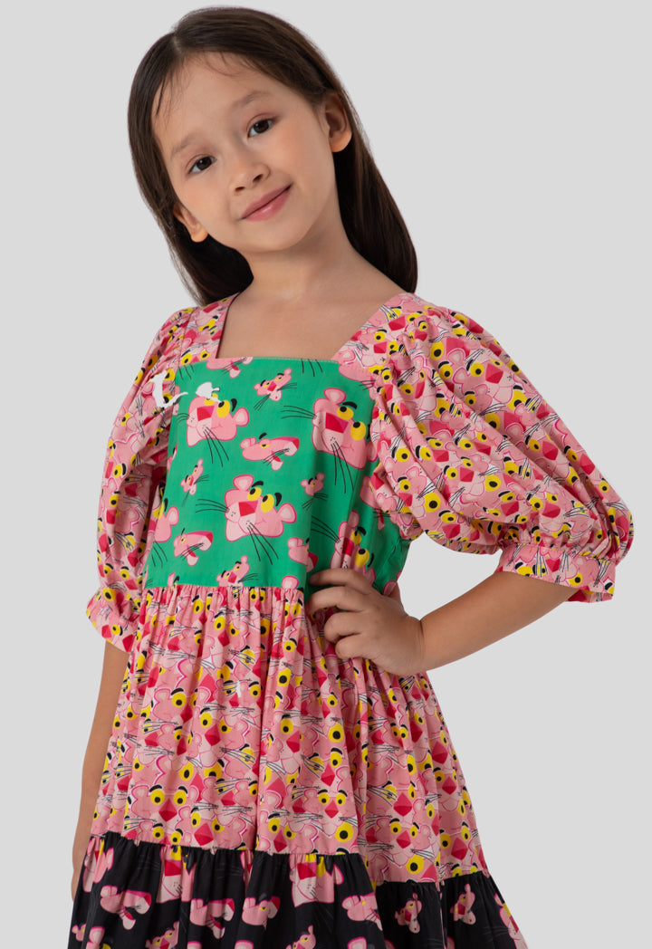 Pink Panther Printed Color Block Square Neck Dress