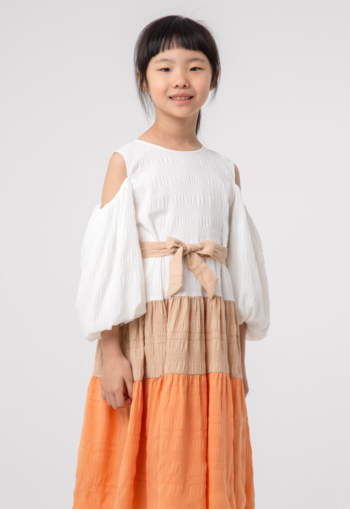 Color Blocking Cold Shoulder Tier Dress