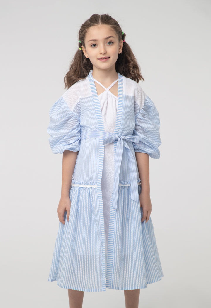 Textured Stripes Frill Trim Puff Shrug And Dress Sets