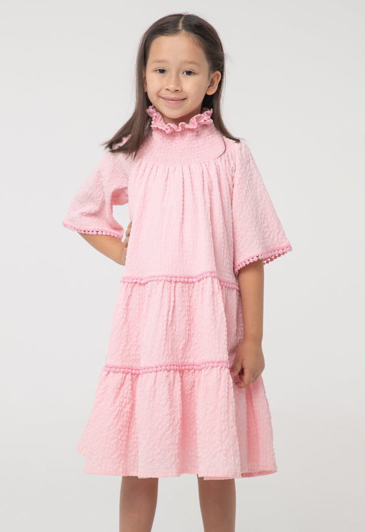 Solid High Neck Smoking Pompom Trim Dress