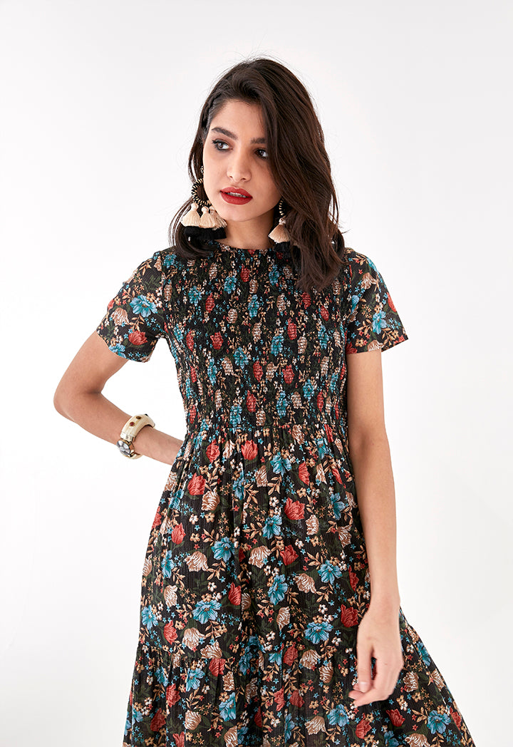 Floral Print Shirring Detail Dress
