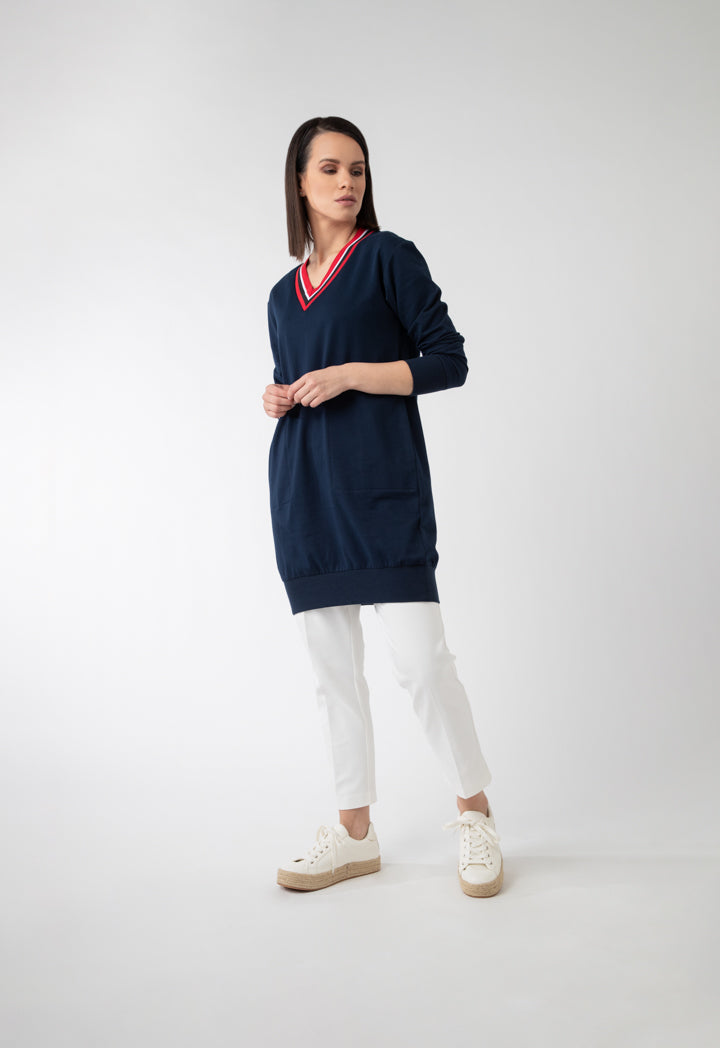 Contrast Neck Solid Tunic Dress