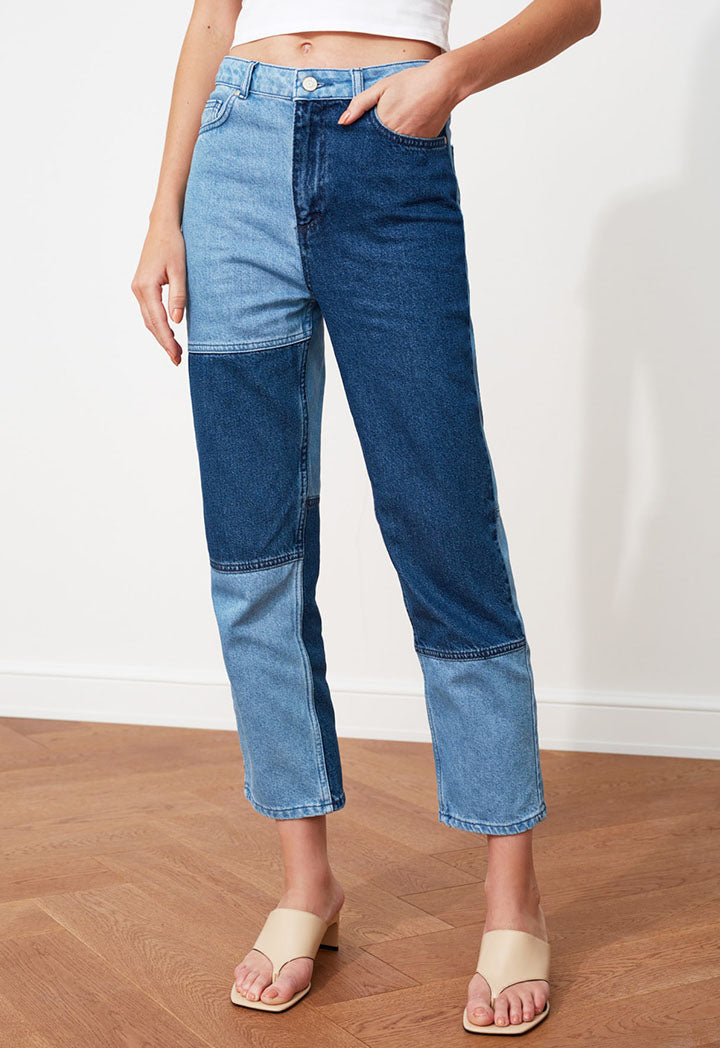 Color-Â BlockedÂ High Waist Straight Jeans