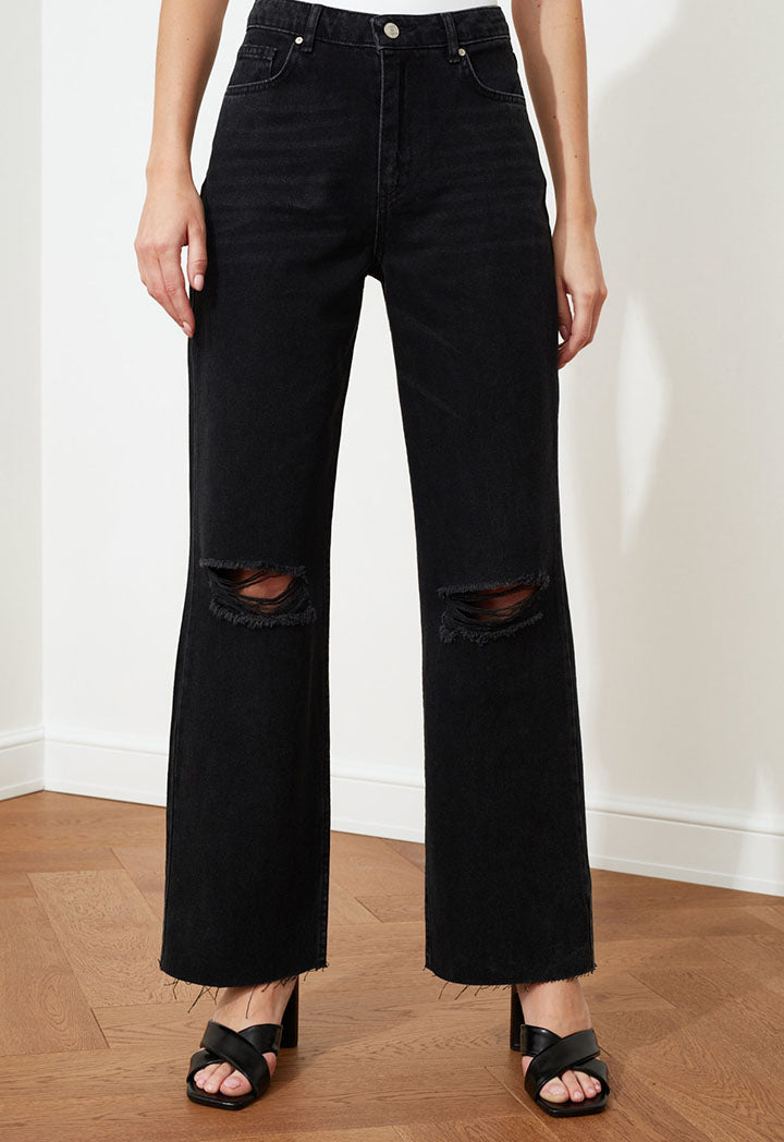 Ripped Detailed High Waist Wide Leg Jeans