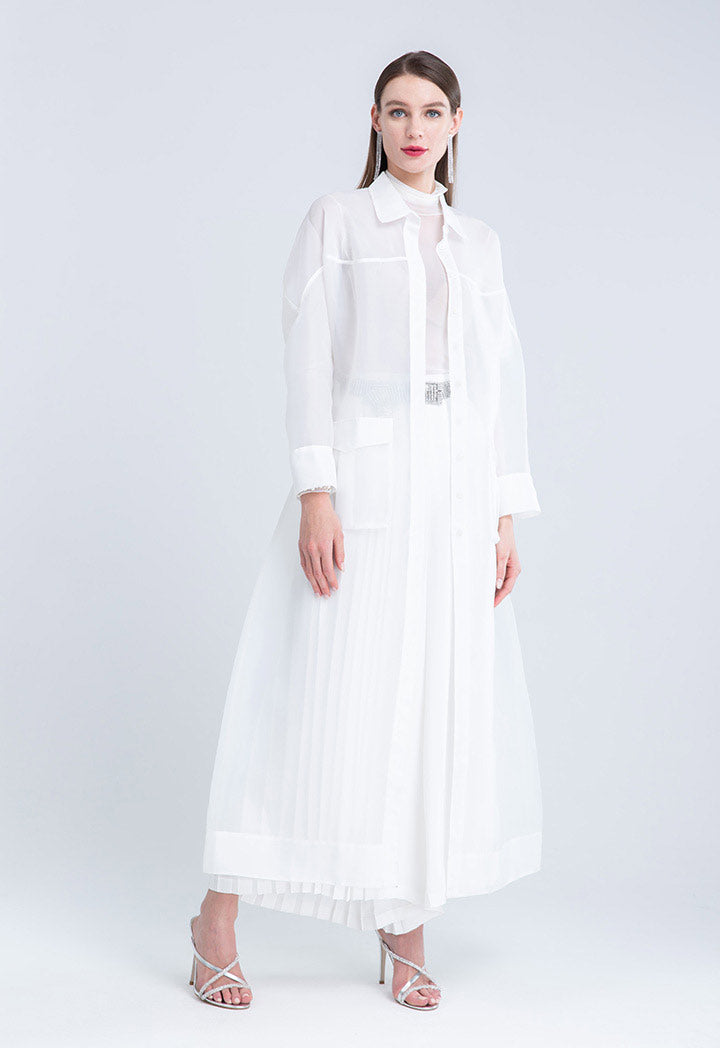 Patch Pockets Long sleeve Organza Dress