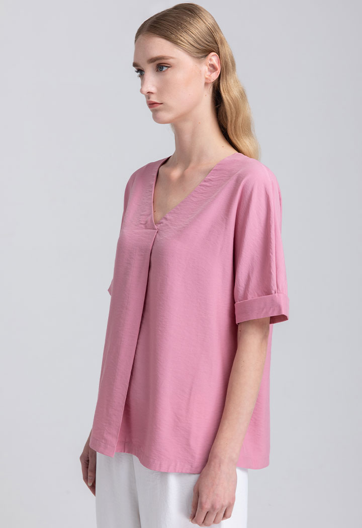 V-Neck Solid Short Sleeve Blouse