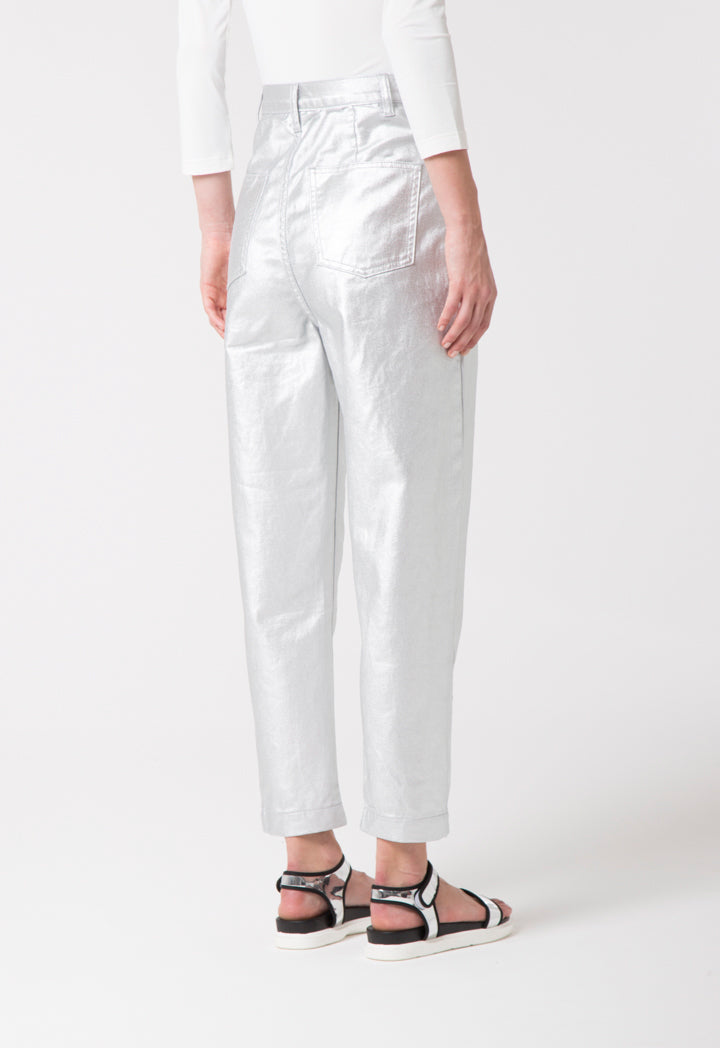 Silver Metallic Cotton Pants - Fresqa