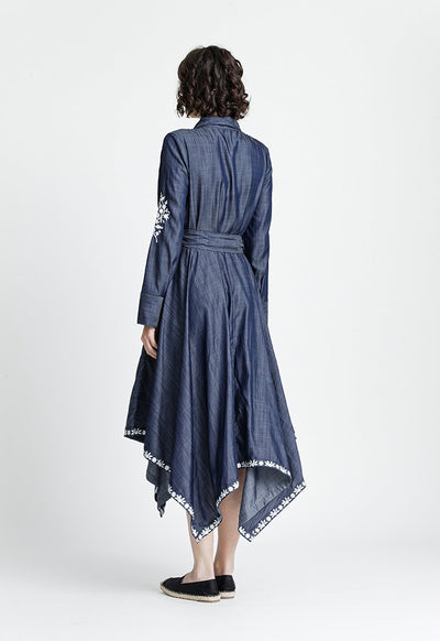 Contrast Embroidered Denim Dress