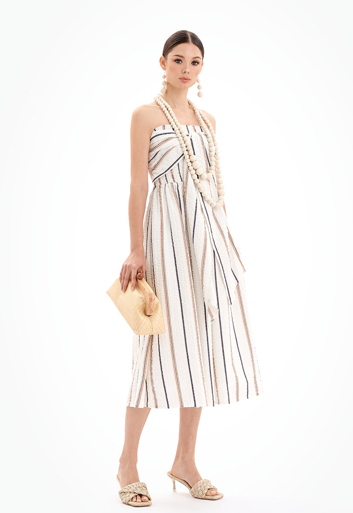 Sleeveless Halter Neck Striped Midi Dress