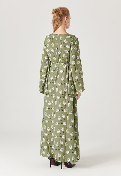 Bell Sleeve Flared Printed Long Dress