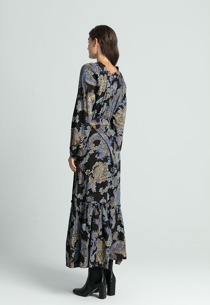 All Over Printed Neck Tie Long Dress