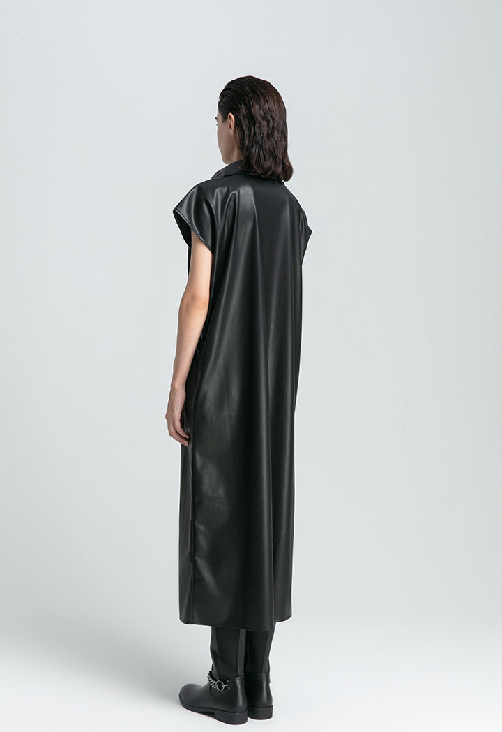 Front Yoke High Neck Faux Leather Dress