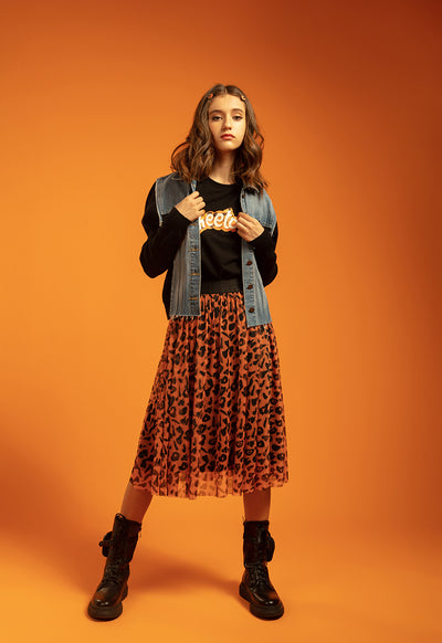 Jacquard Elastic Waist Printed Tulle Skirt