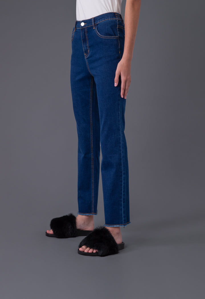 Elasticated Back Waistband Frayed Hem Denim Pants