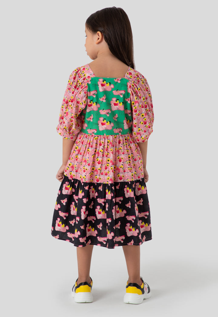 Pink Panther Printed Color Block Square Neck Dress