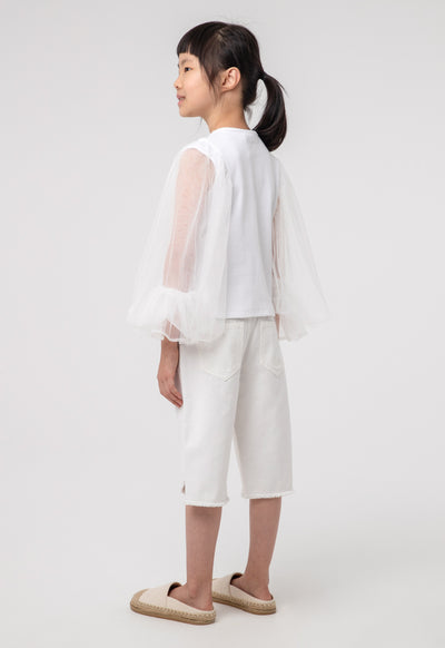 Puffy Net Sleeves Ribbed Solid Blouse