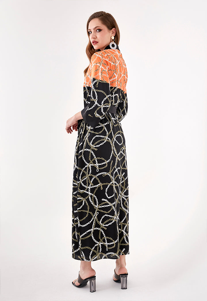 Color Block Chain Print Long Kimono