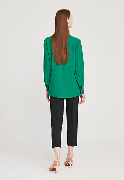 Pleated Asymmetrical Contrast Button Blouse