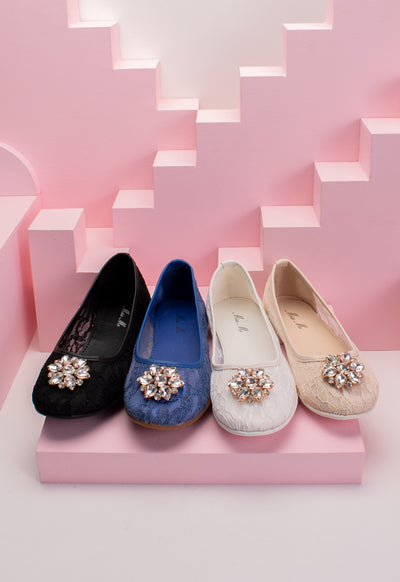 Lace Rhinestone Brooch Flat Shoes