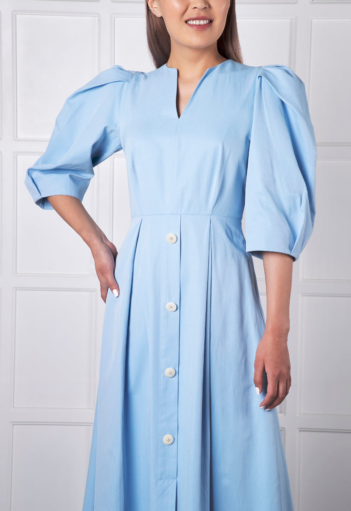 Pleated Puff Sleeve Button Down Dress