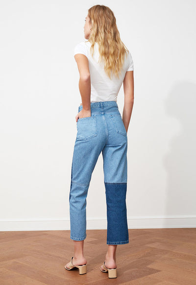 Color-Â BlockedÂ High Waist Straight Jeans