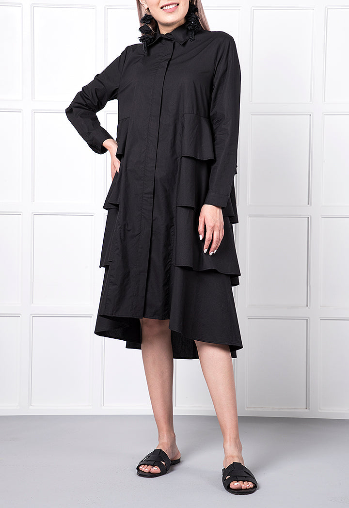 Tiered Collared Long Sleeves Dress