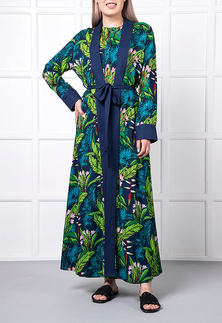 Tropical Print Belted Maxi Dress