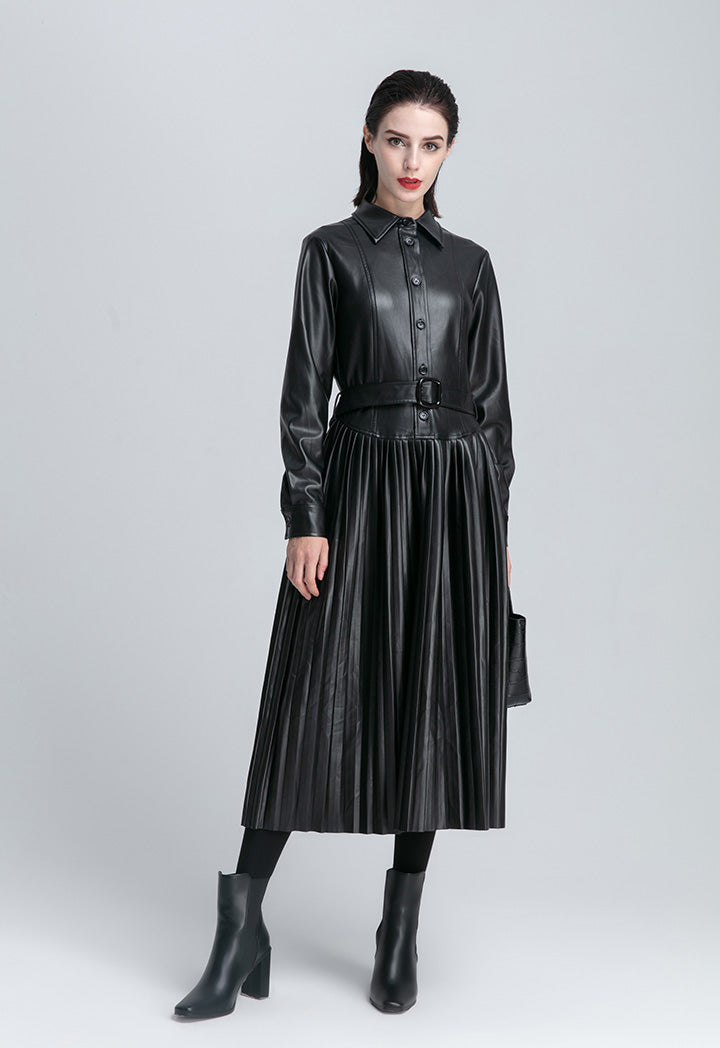 Accordion Pleated Faux Leather Dress