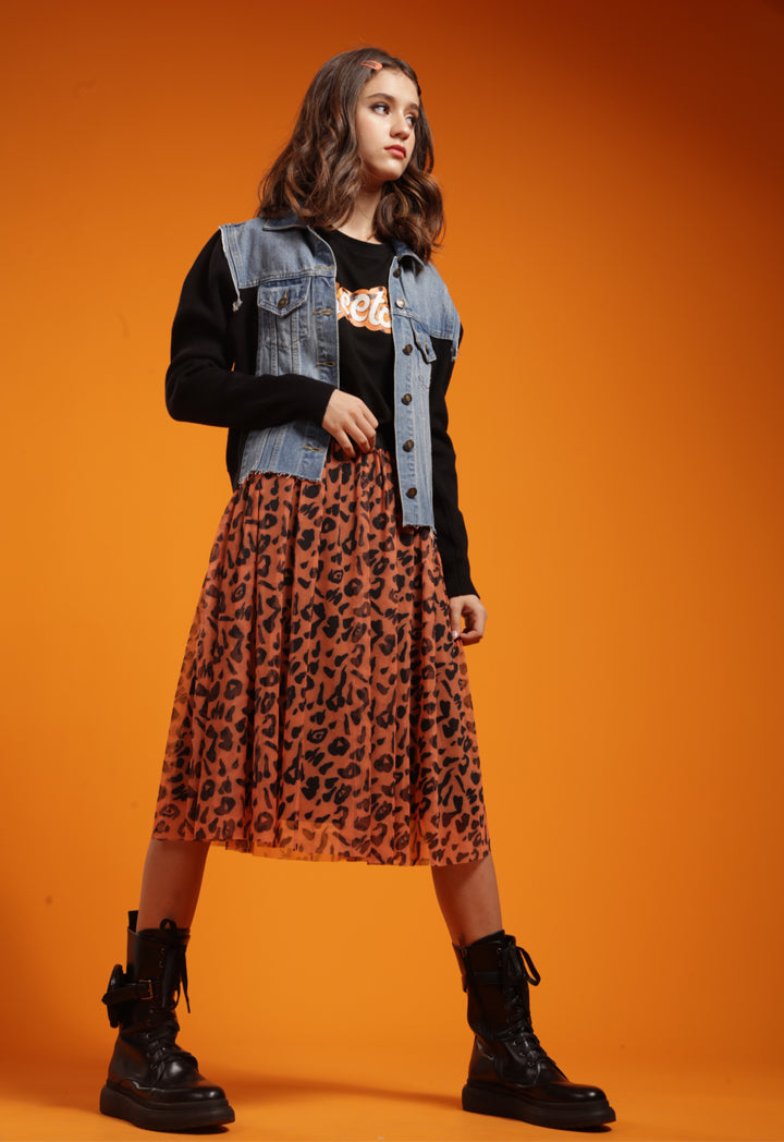 Jacquard Elastic Waist Printed Tulle Skirt