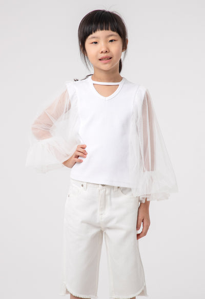 Puffy Net Sleeves Ribbed Solid Blouse