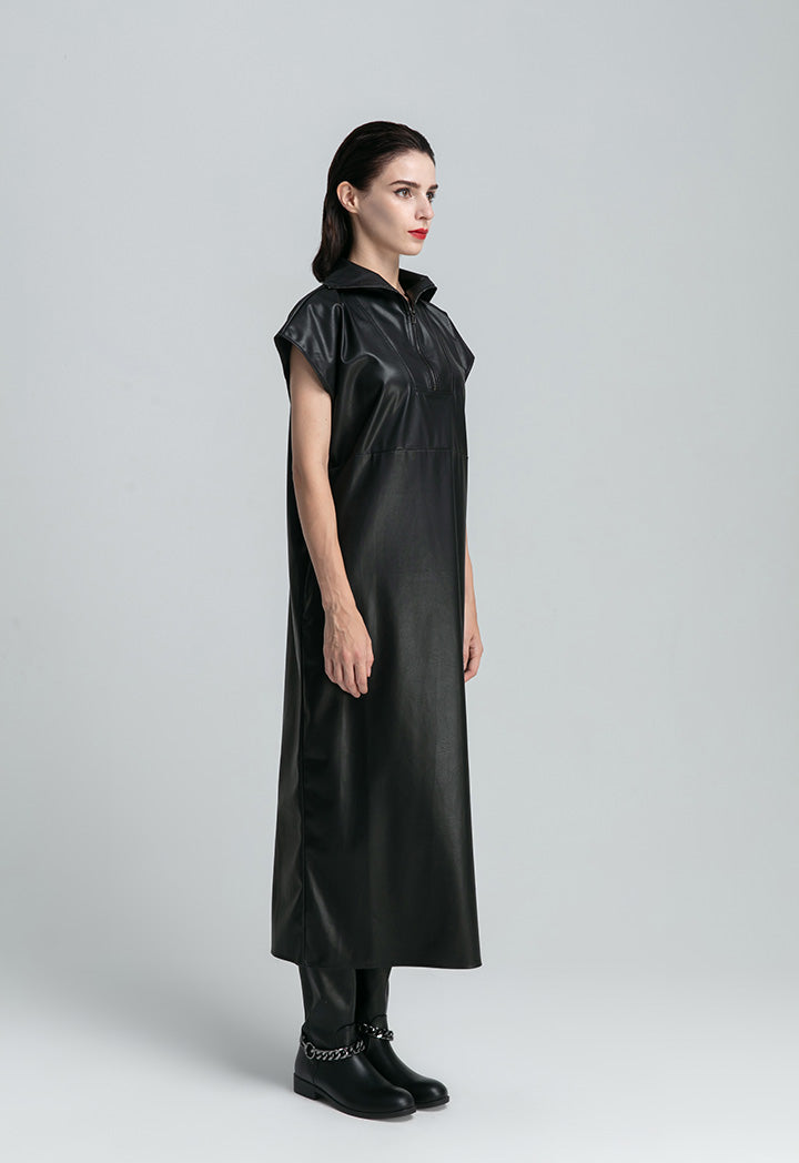 Front Yoke High Neck Faux Leather Dress