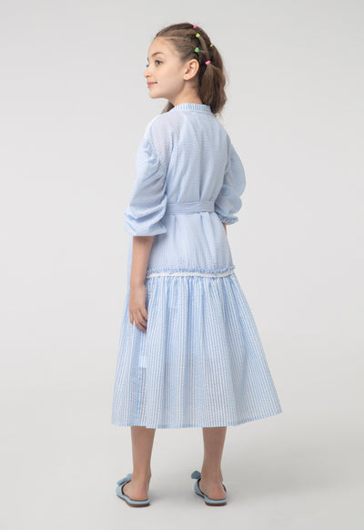 Textured Stripes Frill Trim Puff Shrug And Dress Sets