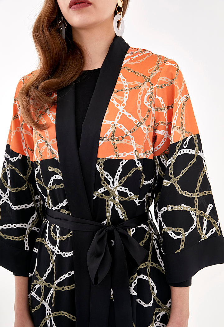 Color Block Chain Print Long Kimono