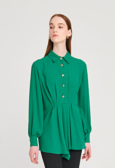 Pleated Asymmetrical Contrast Button Blouse
