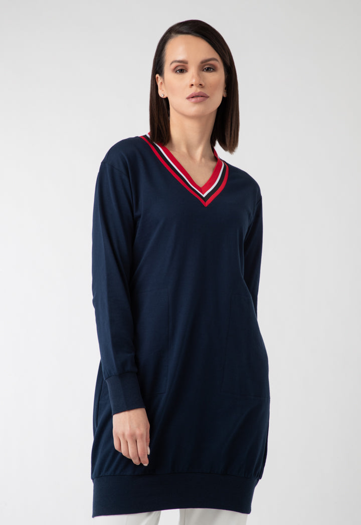 Contrast Neck Solid Tunic Dress