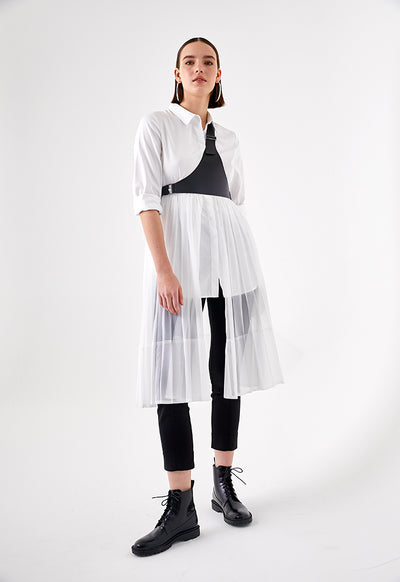 White Long Pleated Overlay Shirt