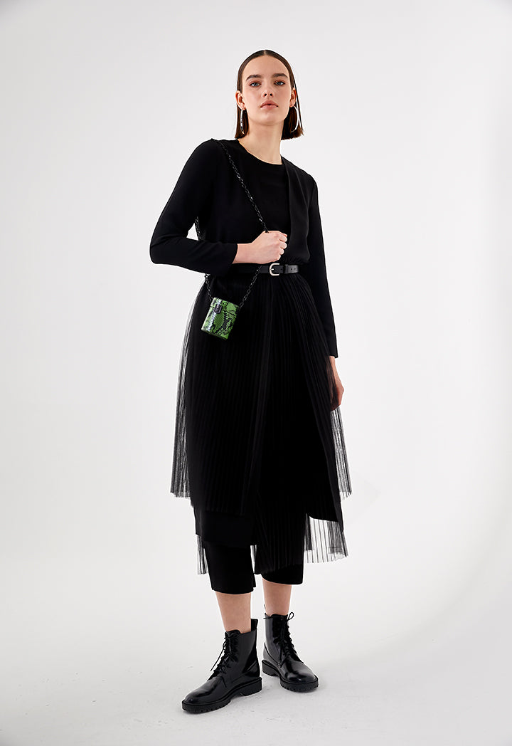 Pleated Mesh Overlay Outerwear