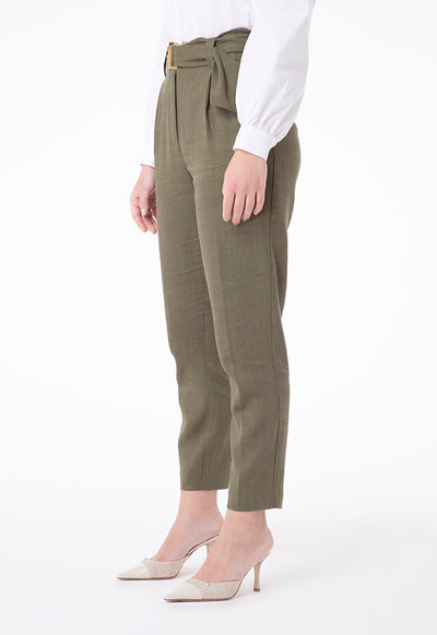 Buckle Belted Linen Trouser