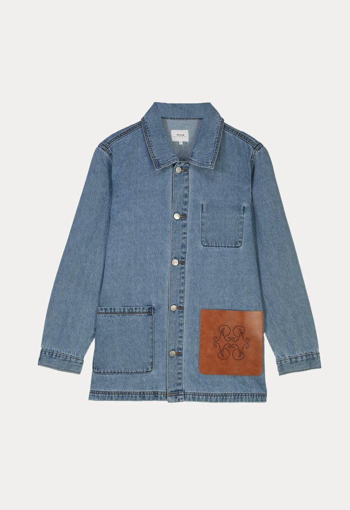 Leather Pocket Light Denim Jacket