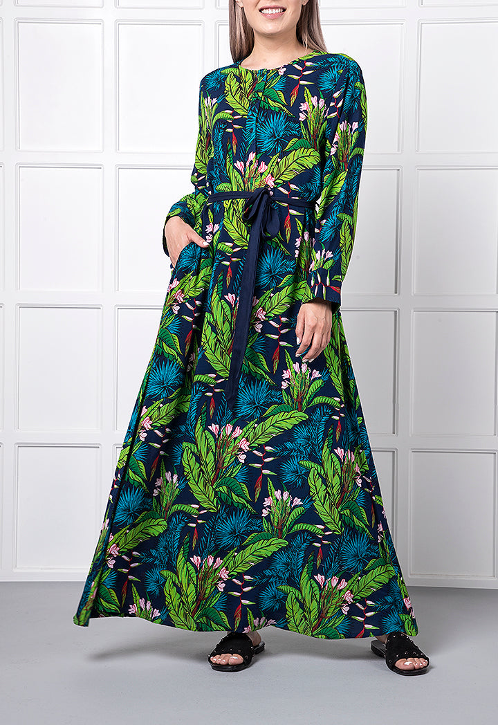 Tropical Print Belted Maxi Dress