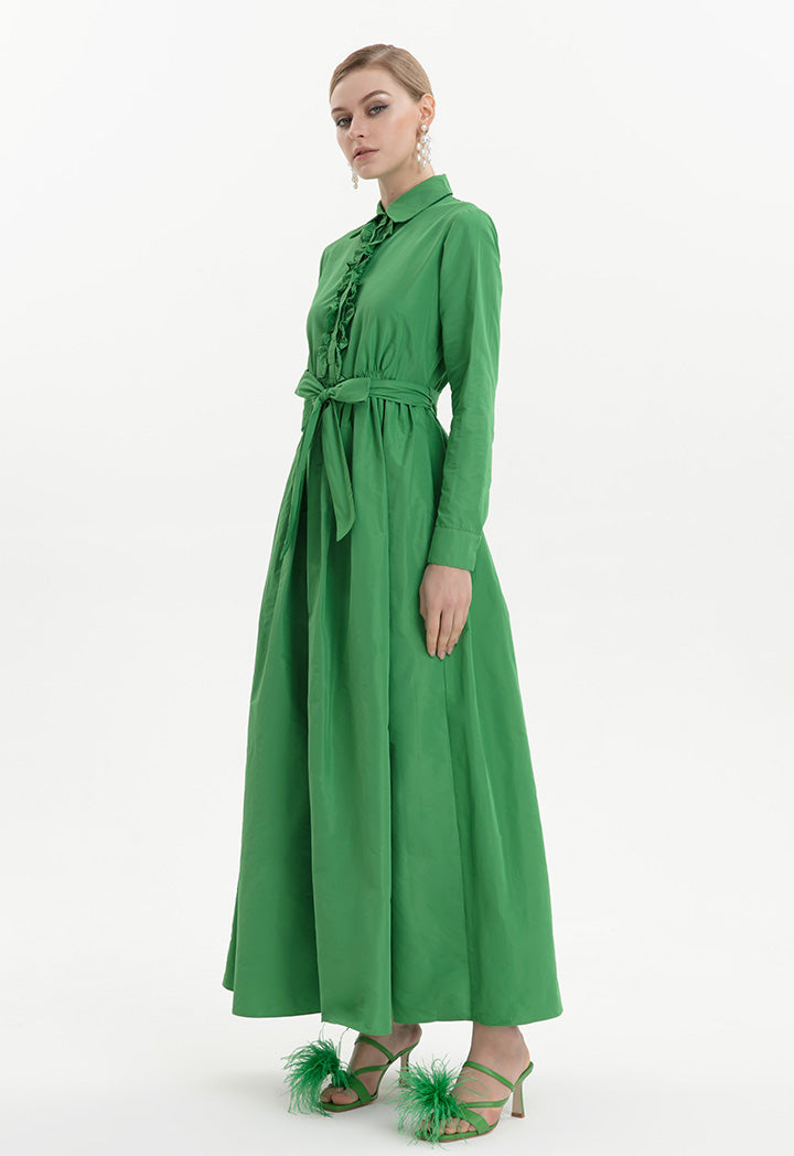 Sleeved Ruffled With Feathers Maxi Dress